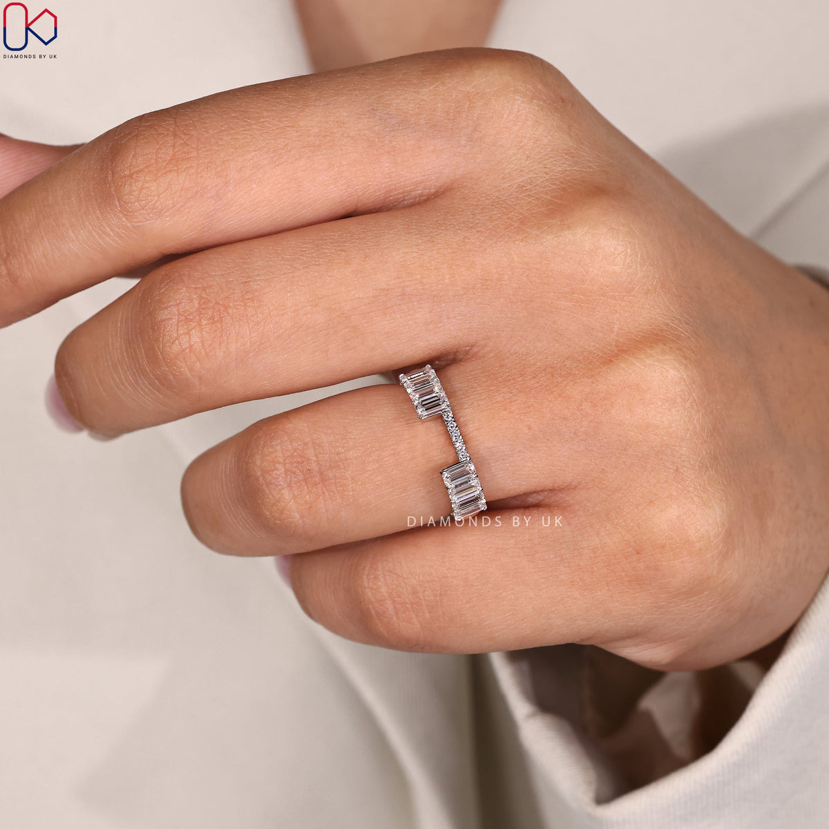 Emerald Cut Yellow And White Gold Wedding Band