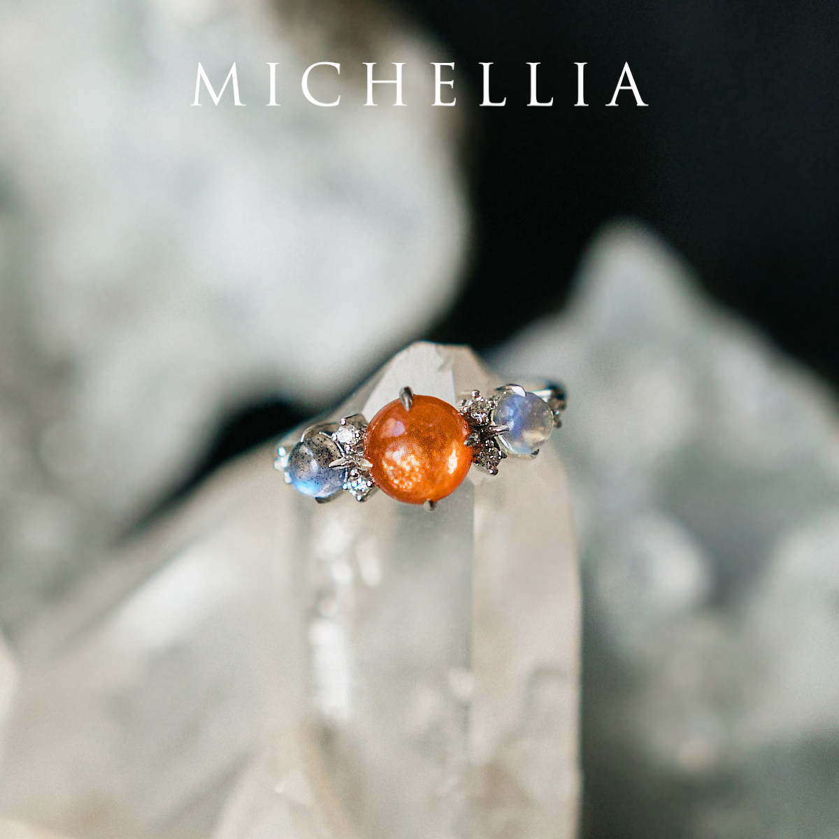 [Celestine] Interstellar Three Stone Ring in Sunstone, Moonstone, and Labradorite
