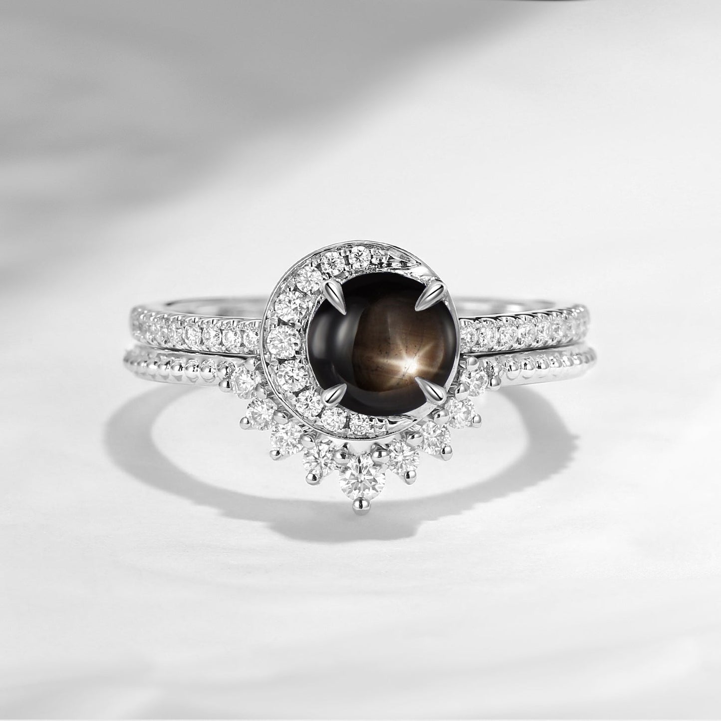 Crescent Moon | Unique Round Cut Natural Black Star Sapphire Engagement Ring Set 2pcs - Full Moon