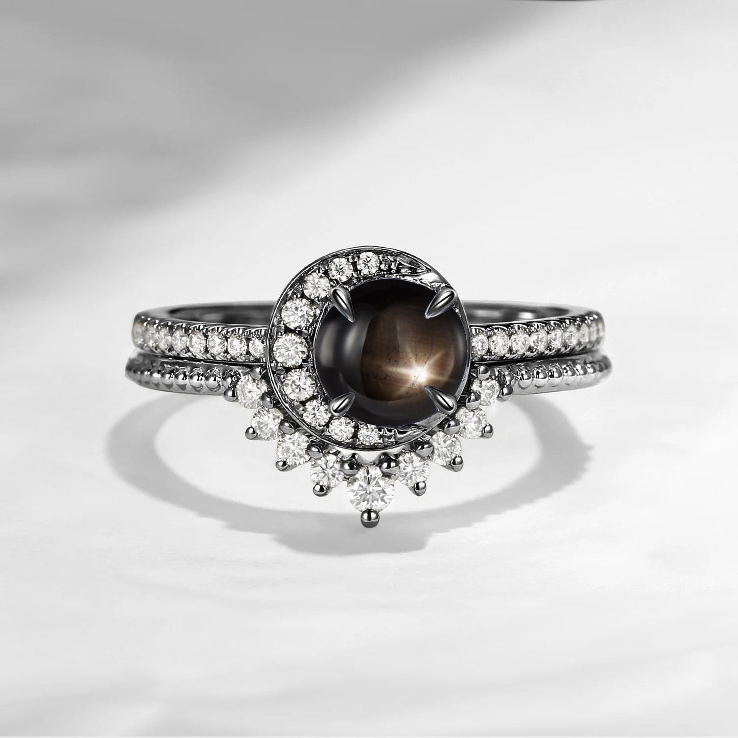 Crescent Moon | Unique Round Cut Natural Black Star Sapphire Engagement Ring Set 2pcs - Full Moon