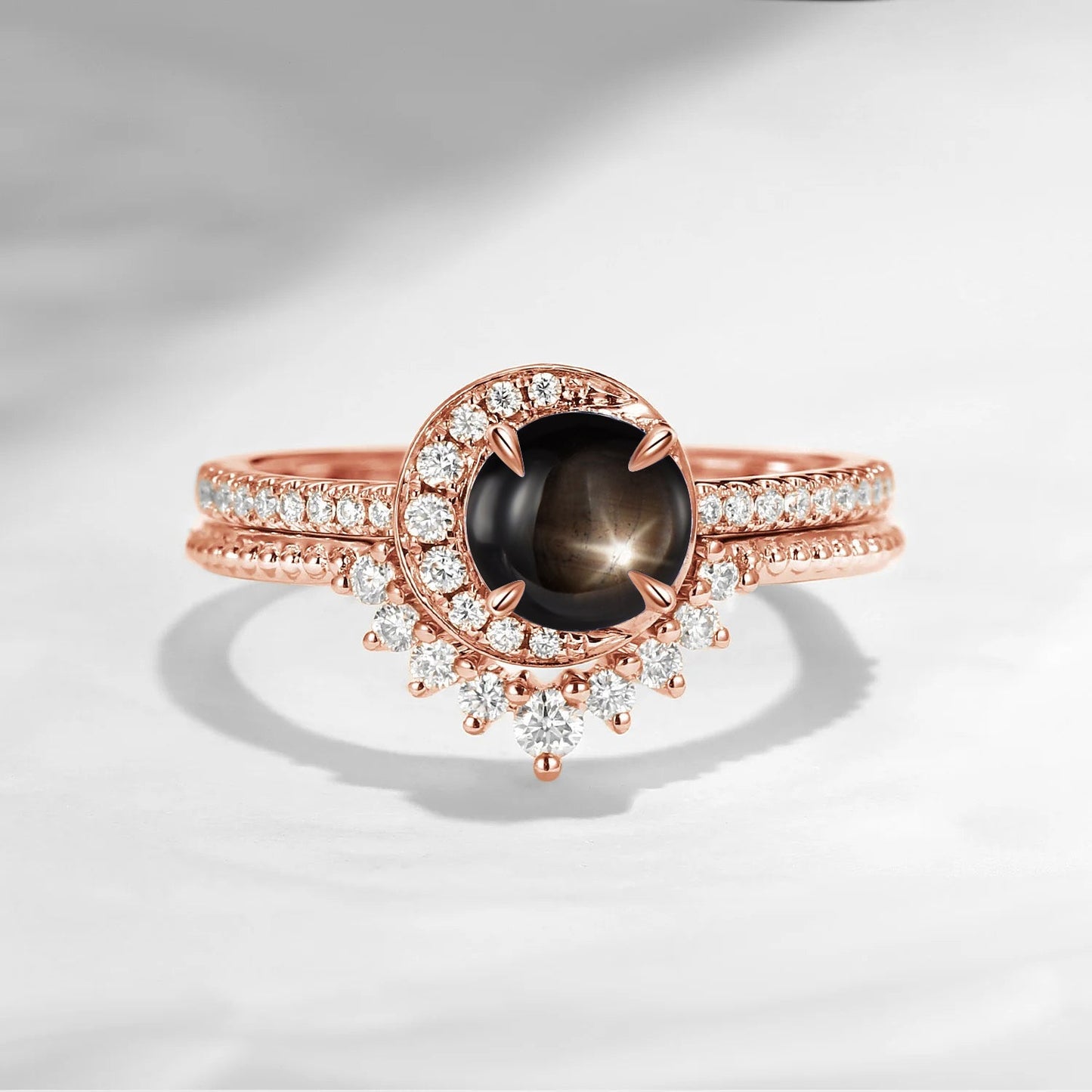 Crescent Moon | Unique Round Cut Natural Black Star Sapphire Engagement Ring Set 2pcs - Full Moon