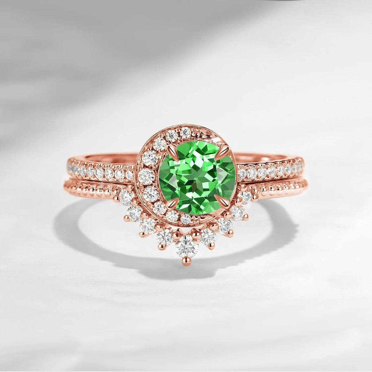 Crescent Moon | Unique Round Cut Lab Tsavorite Engagement Ring Set 2pcs - Full Moon