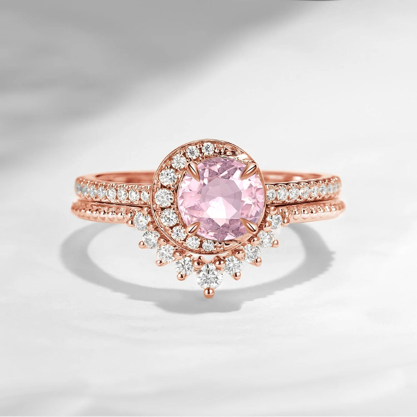 Crescent Moon | Unique Round Cut Natural Pink Tourmaline Engagement Ring Set 2pcs - Full Moon