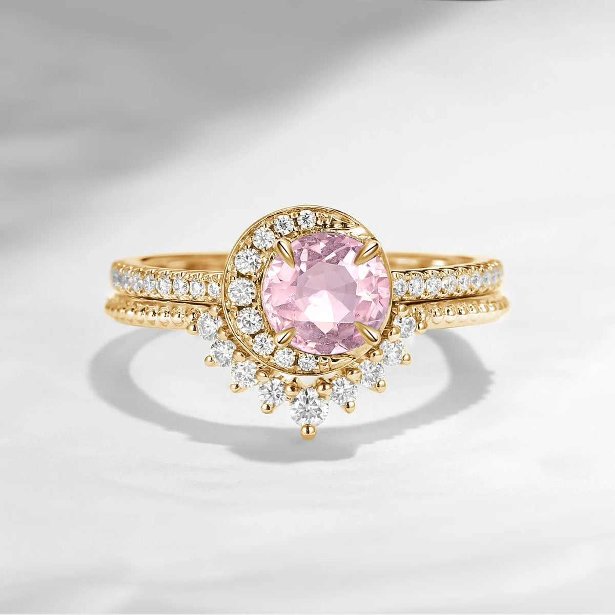 Crescent Moon | Unique Round Cut Natural Pink Tourmaline Engagement Ring Set 2pcs - Full Moon