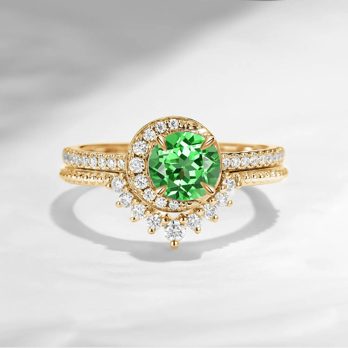 Crescent Moon | Unique Round Cut Lab Tsavorite Engagement Ring Set 2pcs - Full Moon