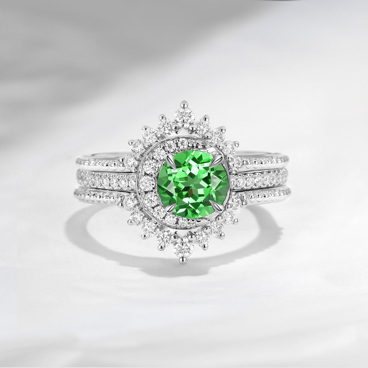 Crescent Moon | Round Lab Tsavorite Engagement Ring Set 3PCS - Full Moon