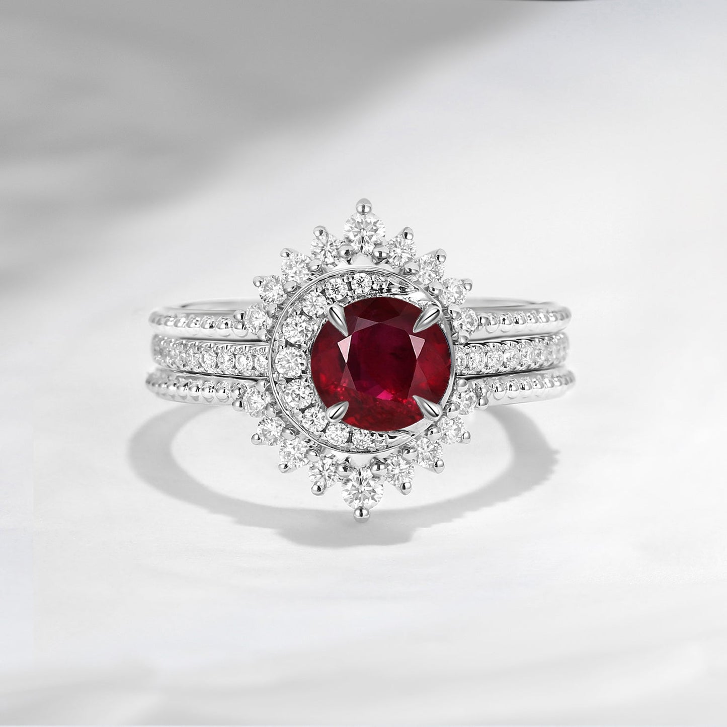 Crescent Moon | Unique Round Cut Natural Ruby Engagement Ring Set 3pcs - Full Moon