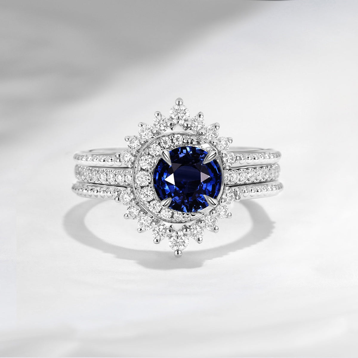 Crescent Moon | Unique Round Cut Natural Sapphire Engagement Ring Set 3pcs - Full Moon