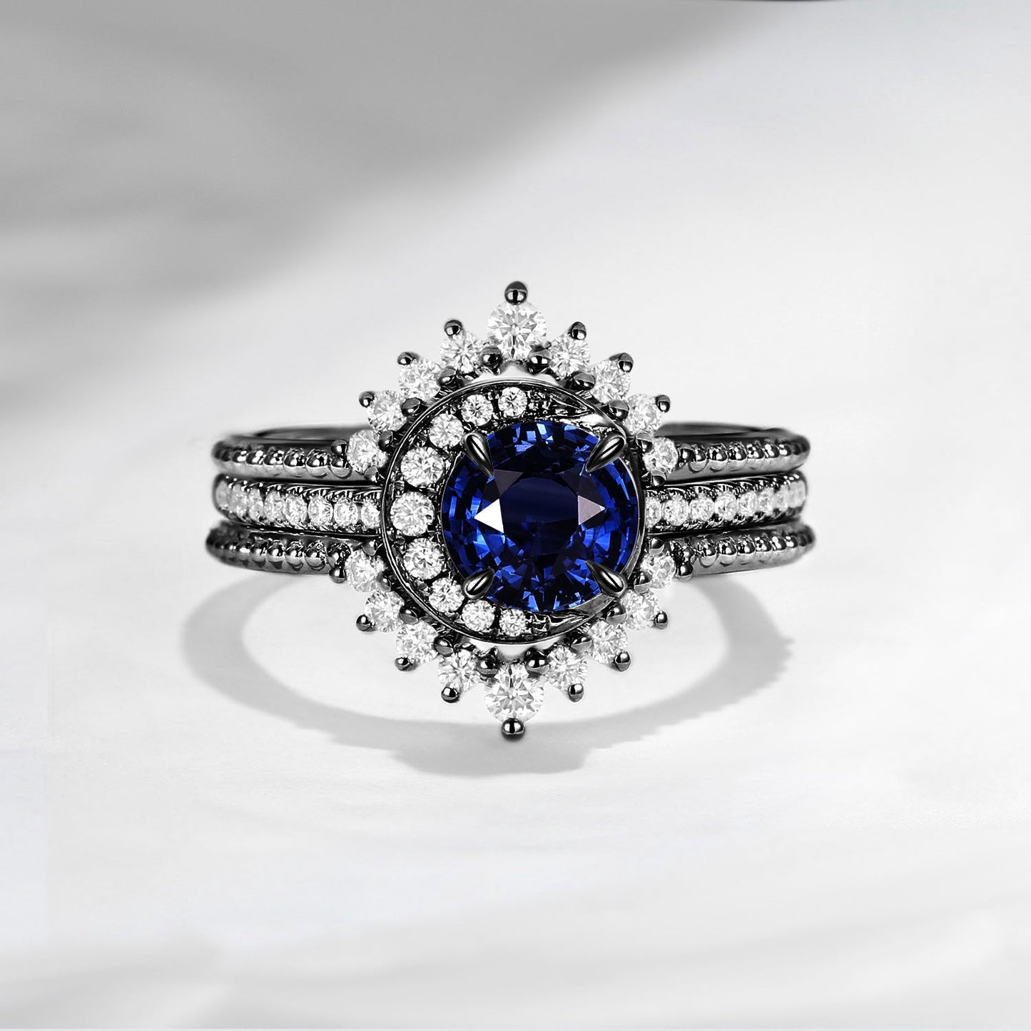 Crescent Moon | Unique Round Cut Natural Sapphire Engagement Ring Set 3pcs - Full Moon