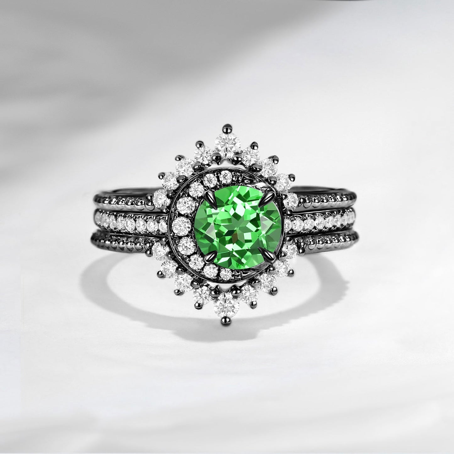 Crescent Moon | Round Lab Tsavorite Engagement Ring Set 3PCS - Full Moon