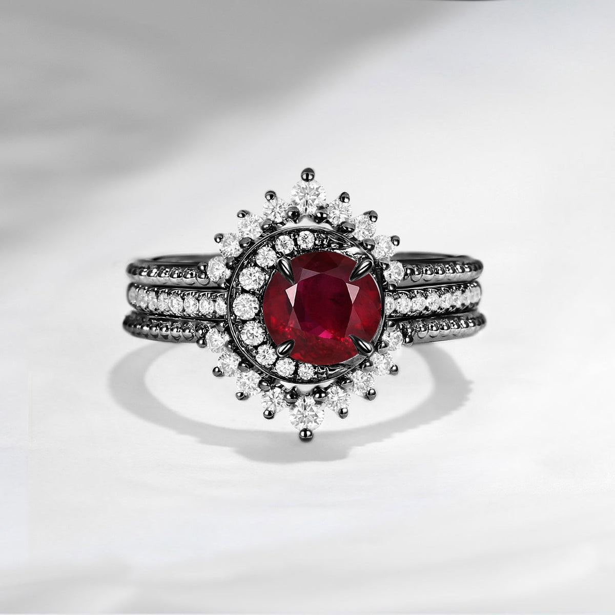 Crescent Moon | Unique Round Cut Natural Ruby Engagement Ring Set 3pcs - Full Moon