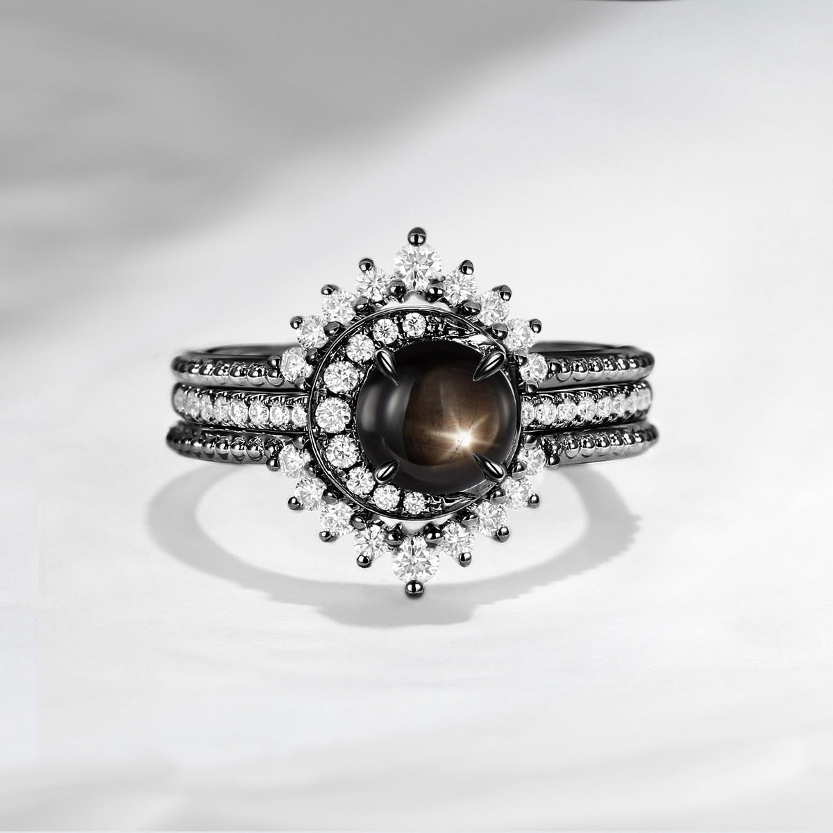 Crescent Moon | Unique Round Natural Black Star Sapphire Engagement Ring Set 3pcs - Full Moon