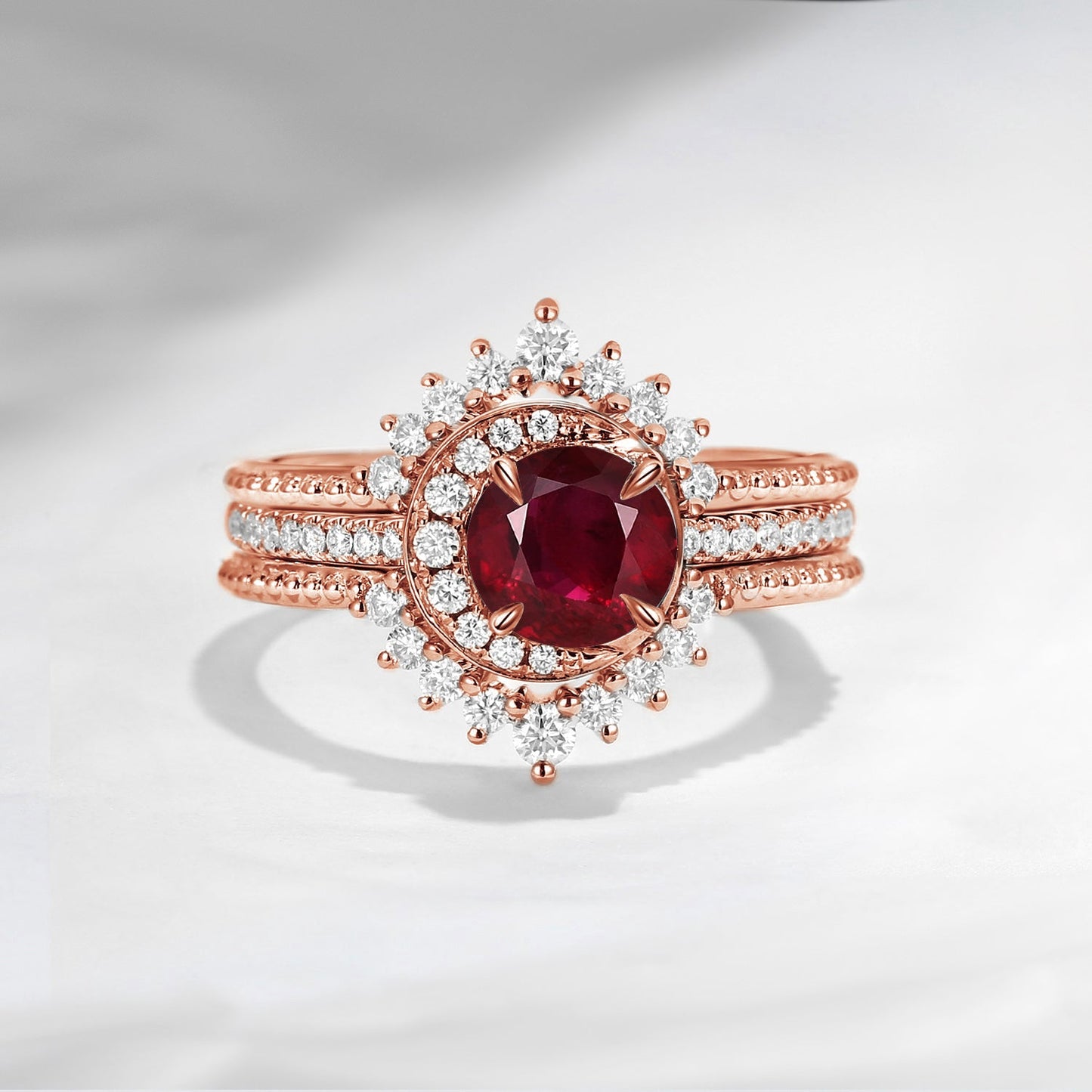 Crescent Moon | Unique Round Cut Natural Ruby Engagement Ring Set 3pcs - Full Moon