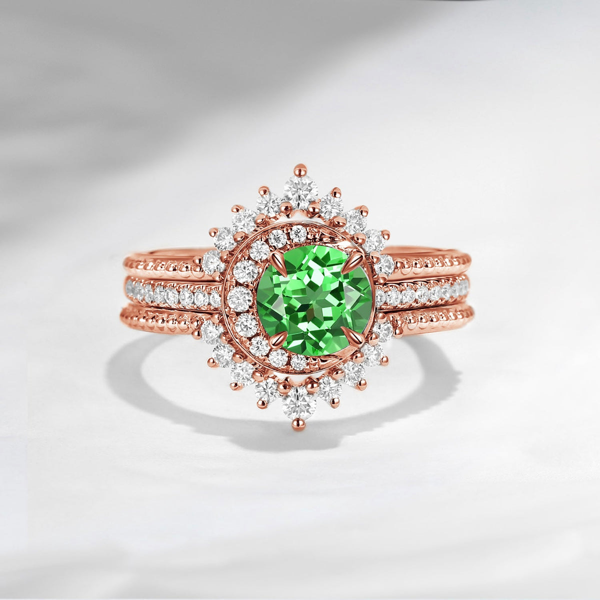 Crescent Moon | Round Lab Tsavorite Engagement Ring Set 3PCS - Full Moon