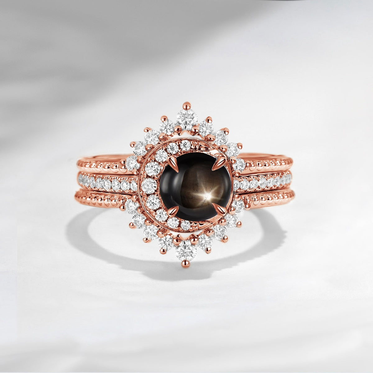 Crescent Moon | Unique Round Natural Black Star Sapphire Engagement Ring Set 3pcs - Full Moon