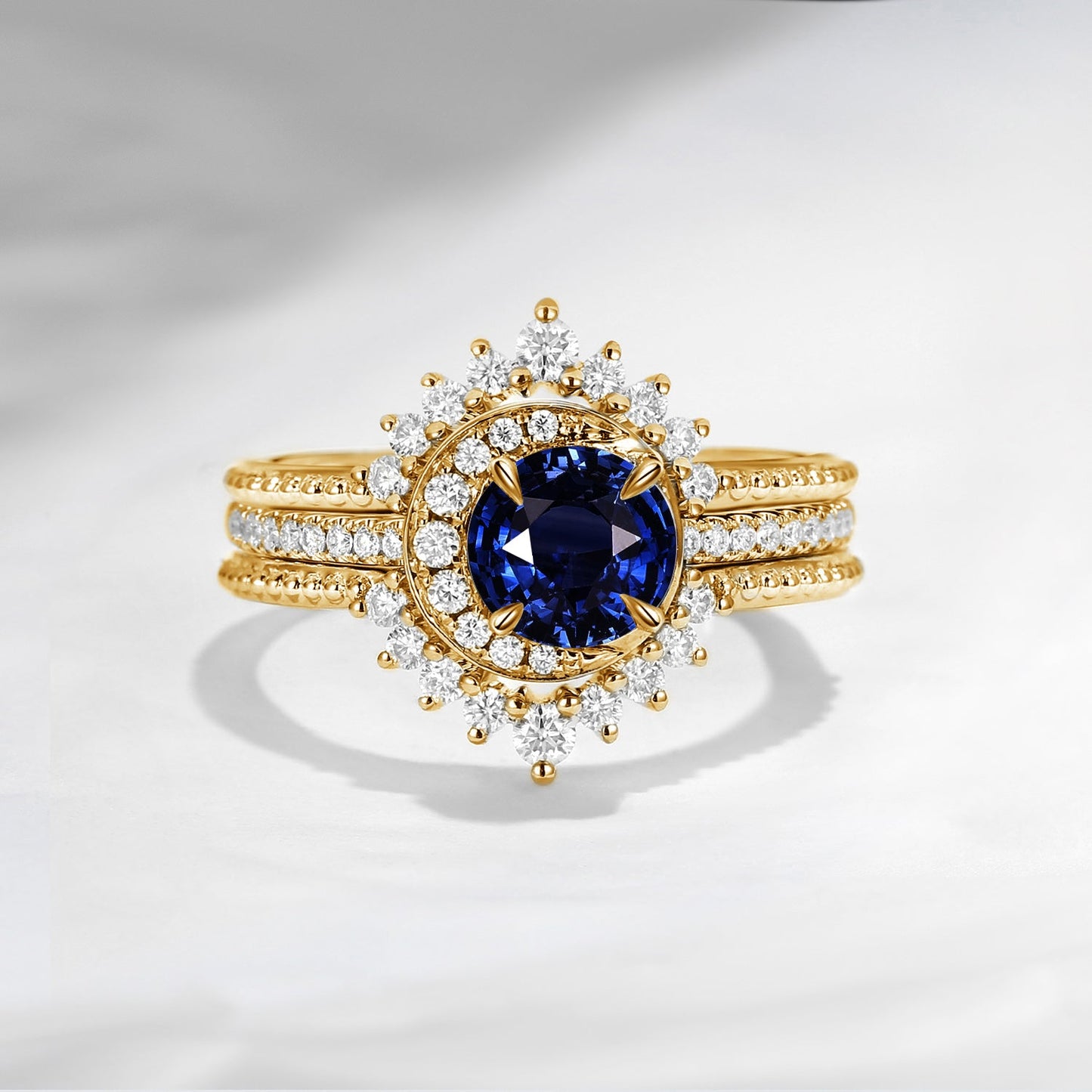 Crescent Moon | Unique Round Cut Natural Sapphire Engagement Ring Set 3pcs - Full Moon