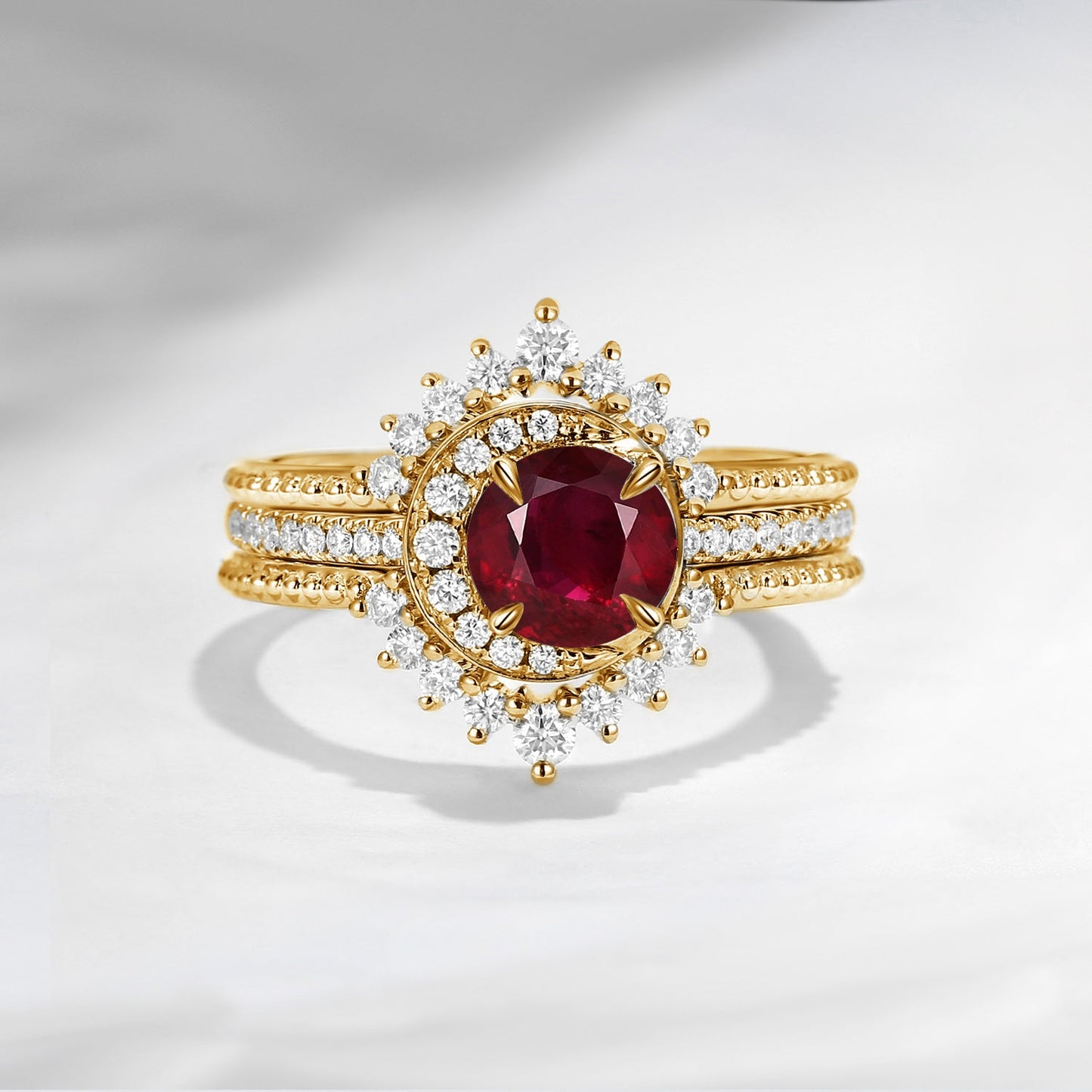 Crescent Moon | Unique Round Cut Natural Ruby Engagement Ring Set 3pcs - Full Moon