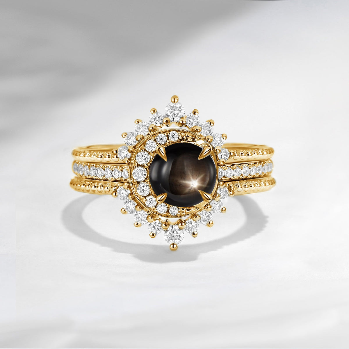 Crescent Moon | Unique Round Natural Black Star Sapphire Engagement Ring Set 3pcs - Full Moon