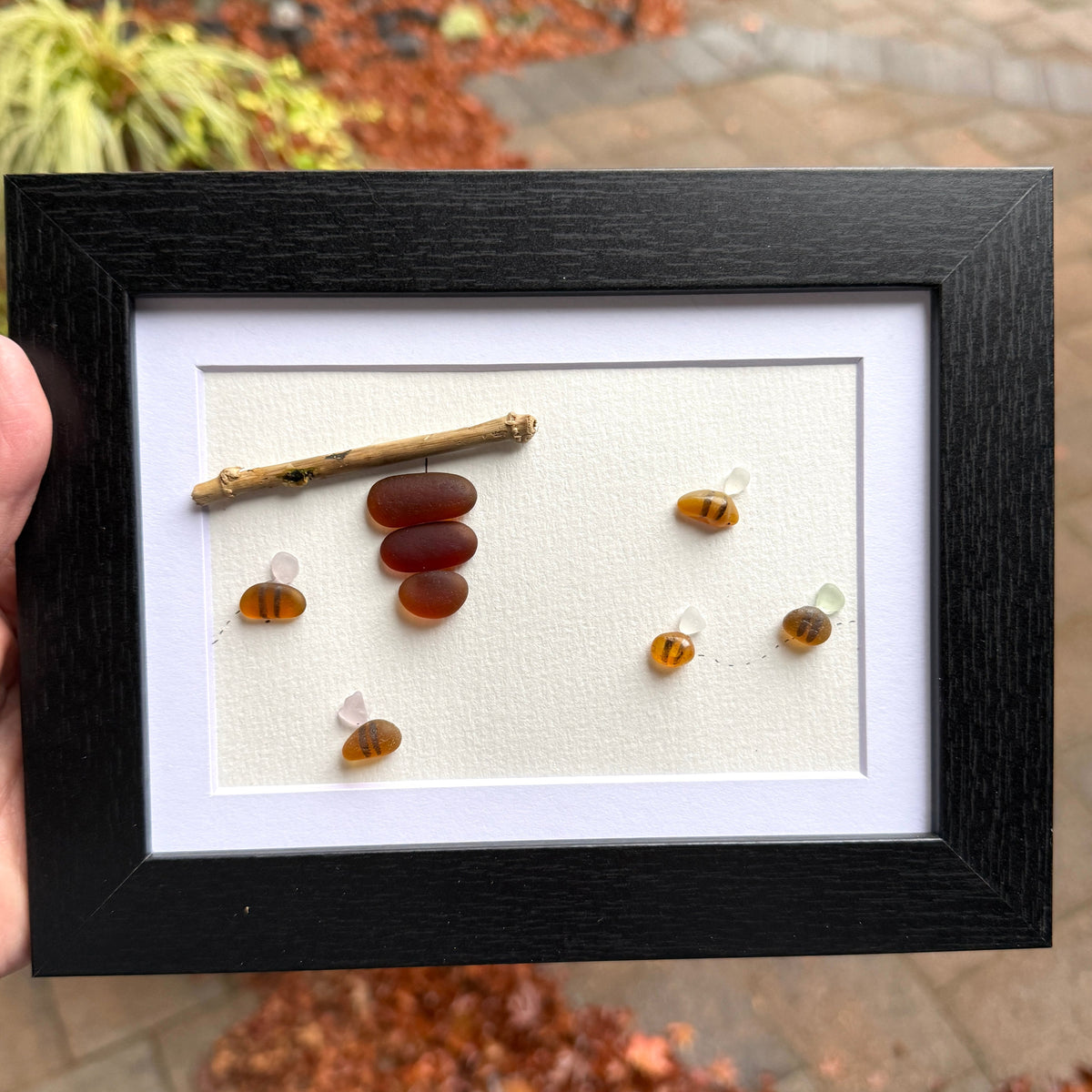 Honey Bee Sea Glass Art | 5x7 Framed Coastal Wall Decor | Handmade Gift for Gardener