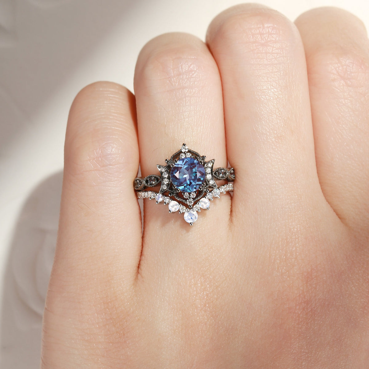 Crescent Moon | Round Cut Lab Alexandrite 'Black Statement' Ring Set 2pcs