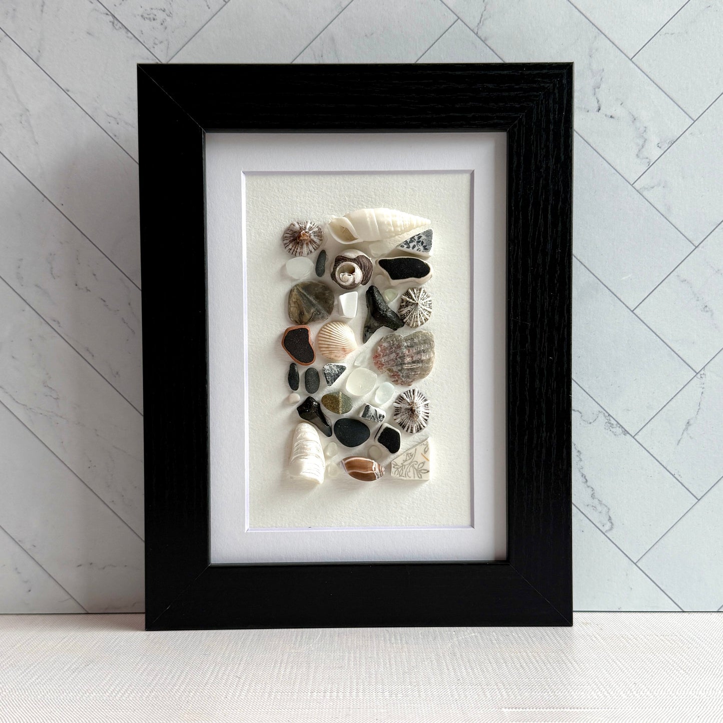 Black • Gray • White Sea Glass & Beach-Find Wall Art — 5″ × 7″ Framed Coastal Décor