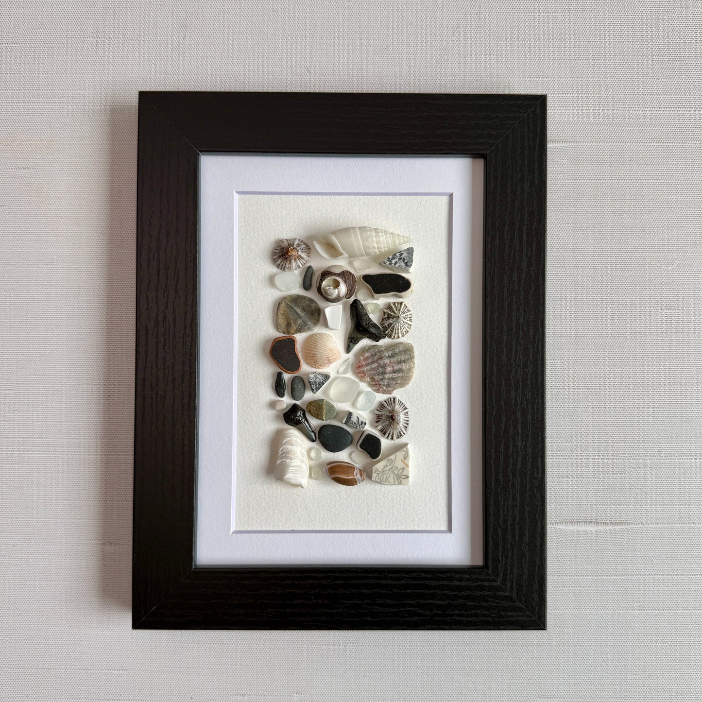 Black • Gray • White Sea Glass & Beach-Find Wall Art — 5″ × 7″ Framed Coastal Décor