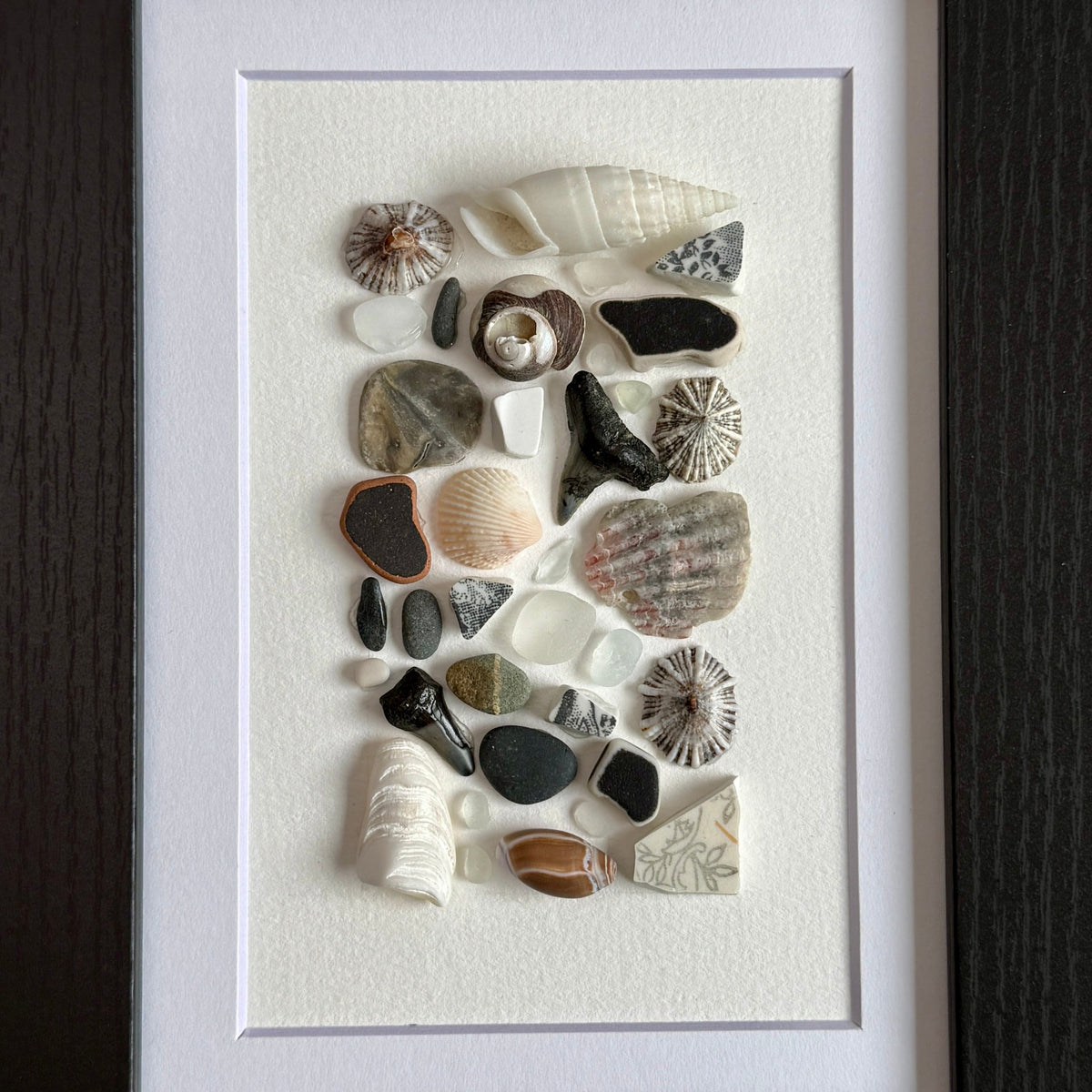 Black • Gray • White Sea Glass & Beach-Find Wall Art — 5″ × 7″ Framed Coastal Décor