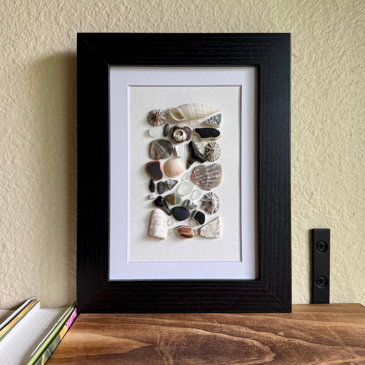 Black • Gray • White Sea Glass & Beach-Find Wall Art — 5″ × 7″ Framed Coastal Décor