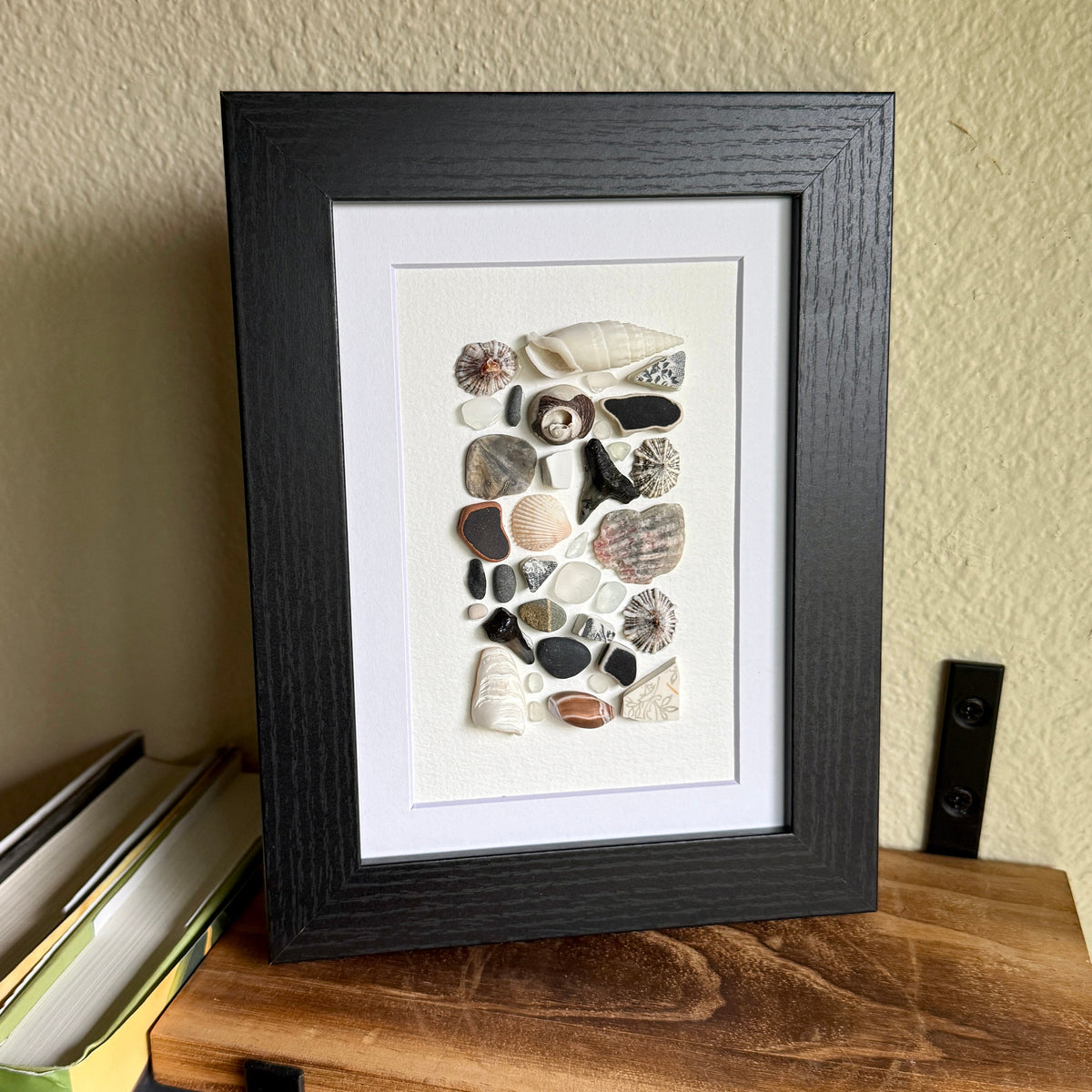 Black • Gray • White Sea Glass & Beach-Find Wall Art — 5″ × 7″ Framed Coastal Décor