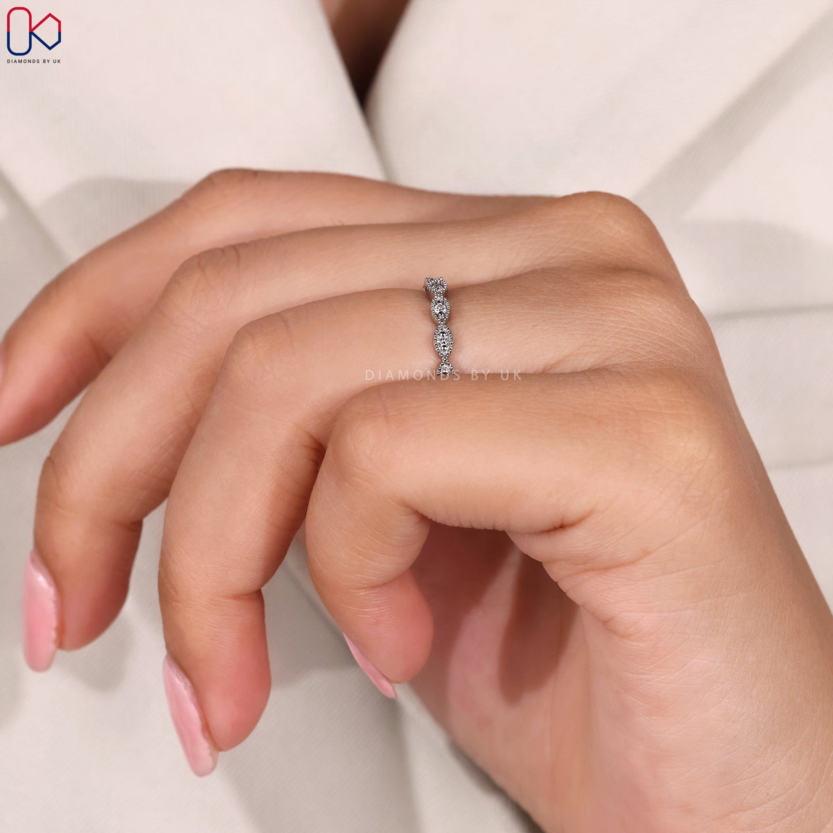 Round Diamond Half Eternity Milgrain Wedding Band