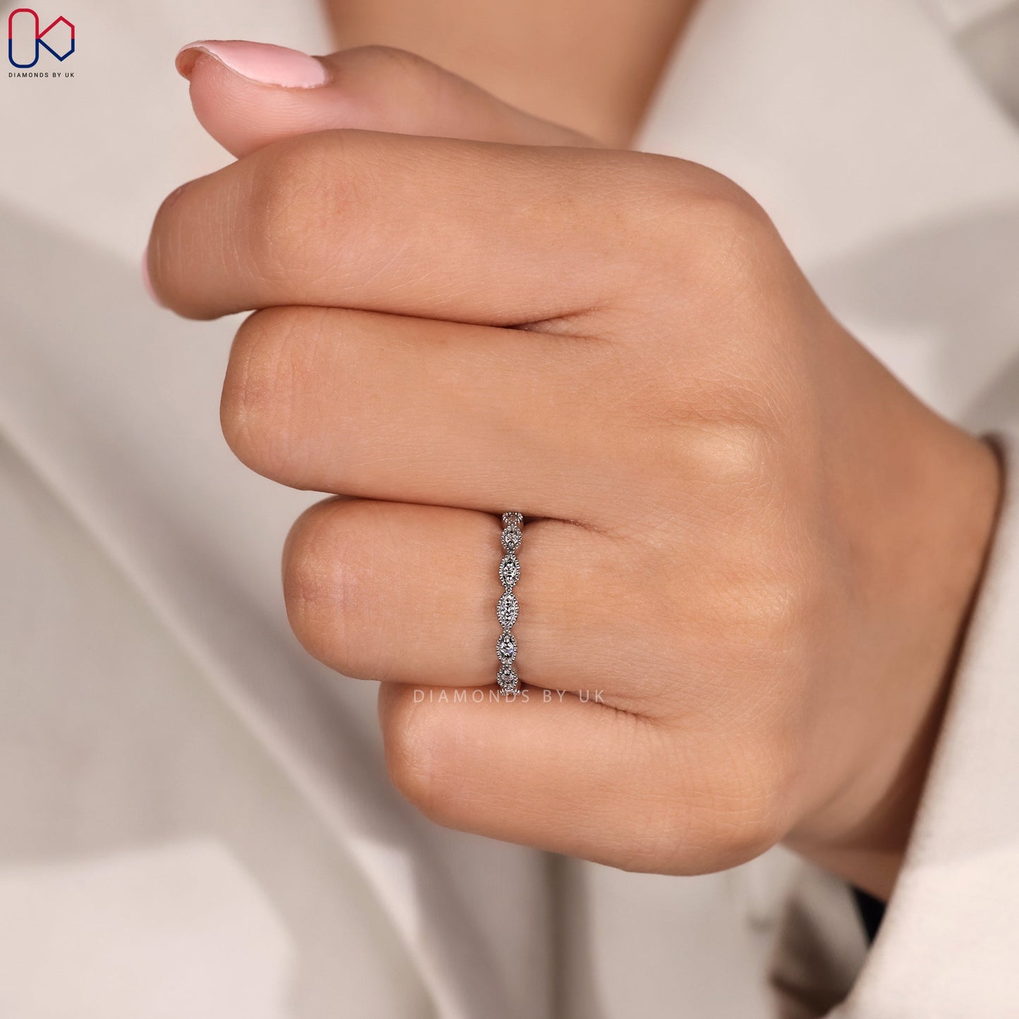 Round Diamond Half Eternity Milgrain Wedding Band