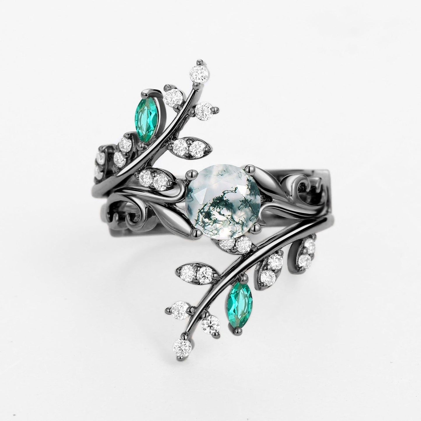 Forest Bloom – Round Cut Moss Agate & Emerald Engagement Rings