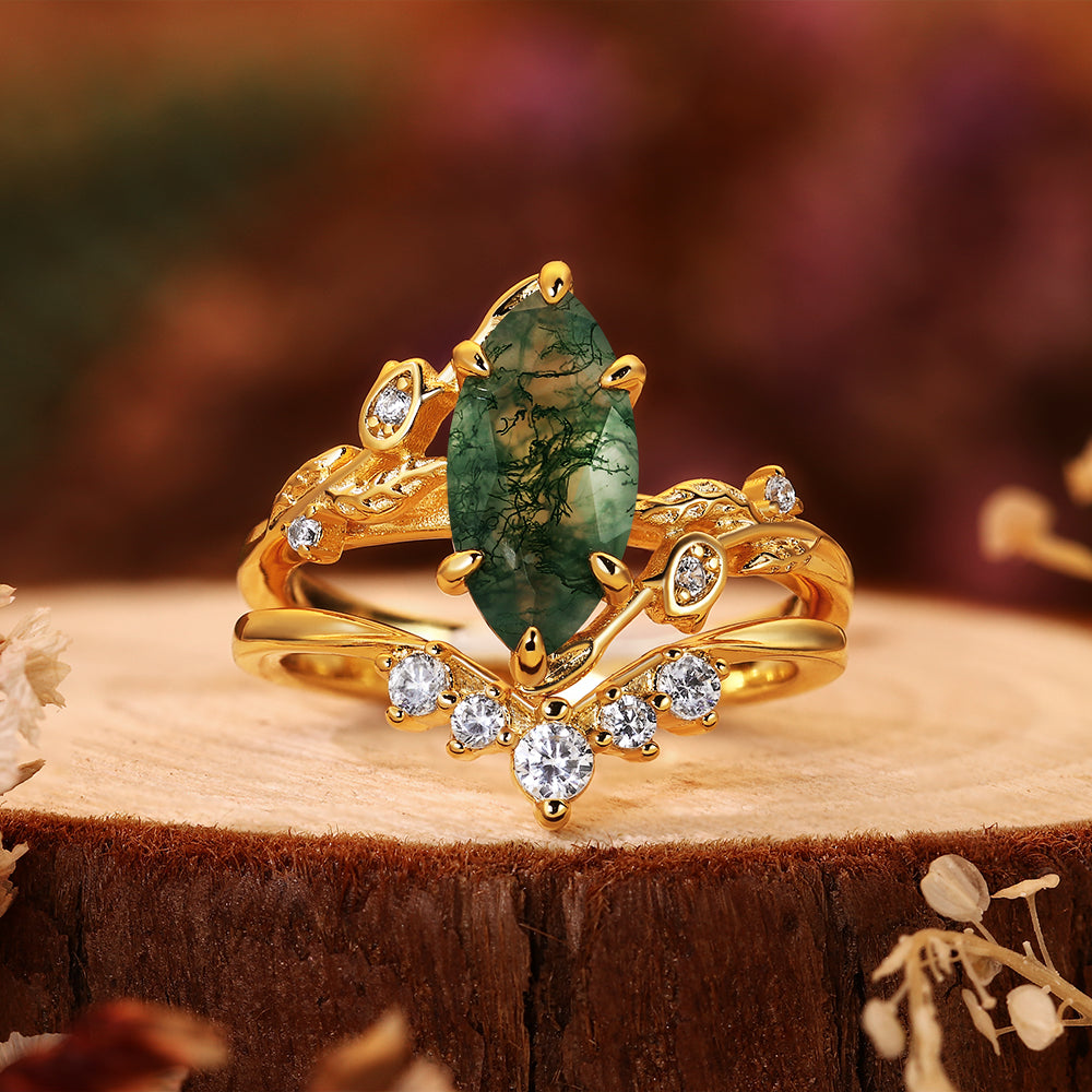 Marquise Moss Agate Bridal Set, Nature Inspired Leaf & Twig Wedding Ring Set, 2PCS Unique Green Gemstone Engagement Ring for Women