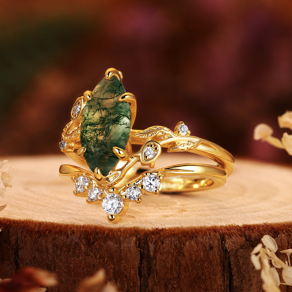 Marquise Moss Agate Bridal Set, Nature Inspired Leaf & Twig Wedding Ring Set, 2PCS Unique Green Gemstone Engagement Ring for Women