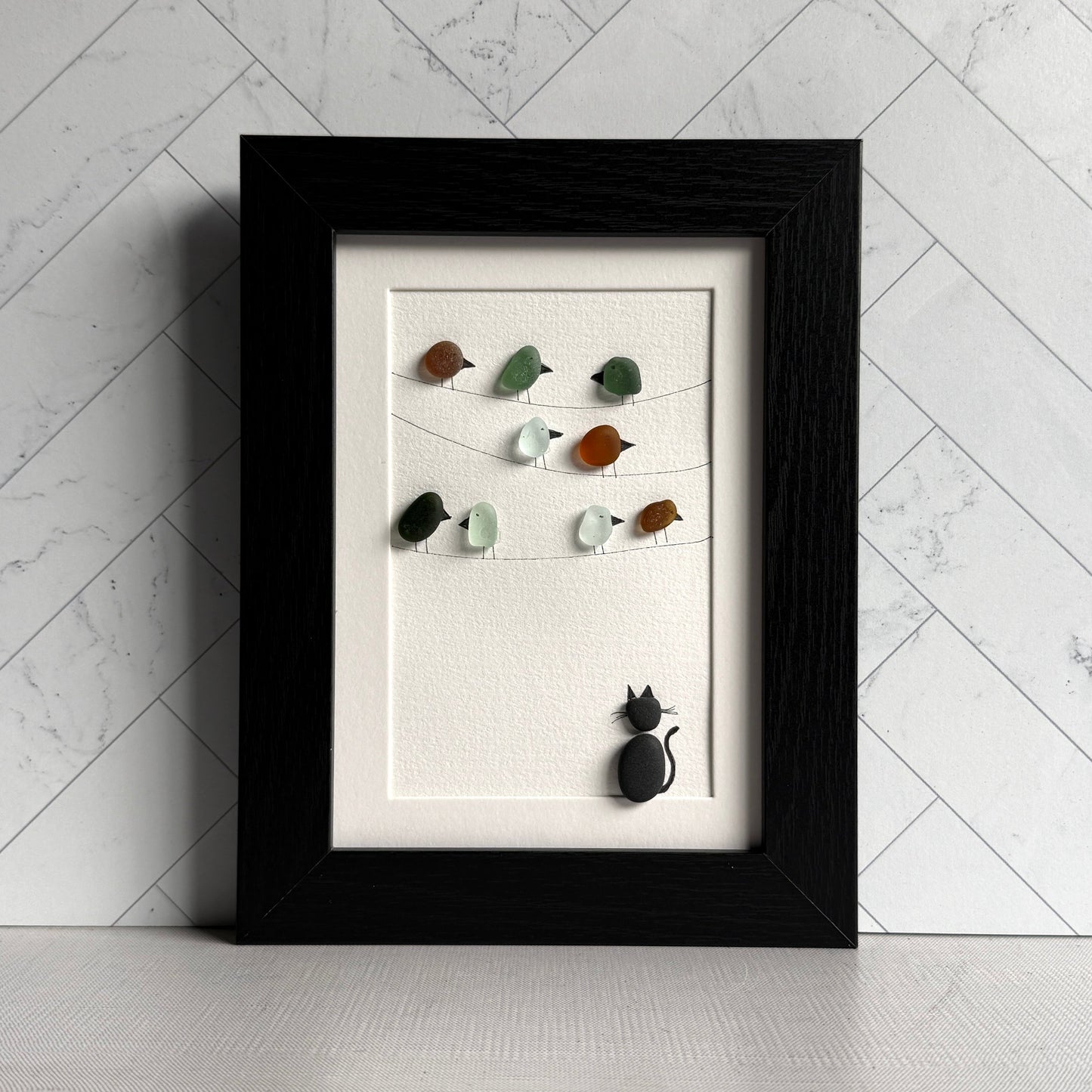 Cat & Bird Sea Glass Art Framed 5x7 Wall Decor | Gift for Cat or Bird Lover
