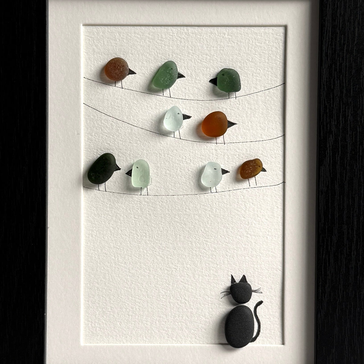 Cat & Bird Sea Glass Art Framed 5x7 Wall Decor | Gift for Cat or Bird Lover