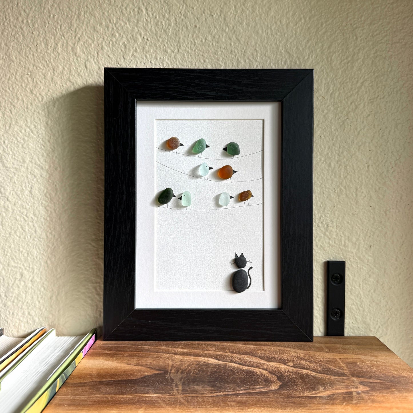 Cat & Bird Sea Glass Art Framed 5x7 Wall Decor | Gift for Cat or Bird Lover