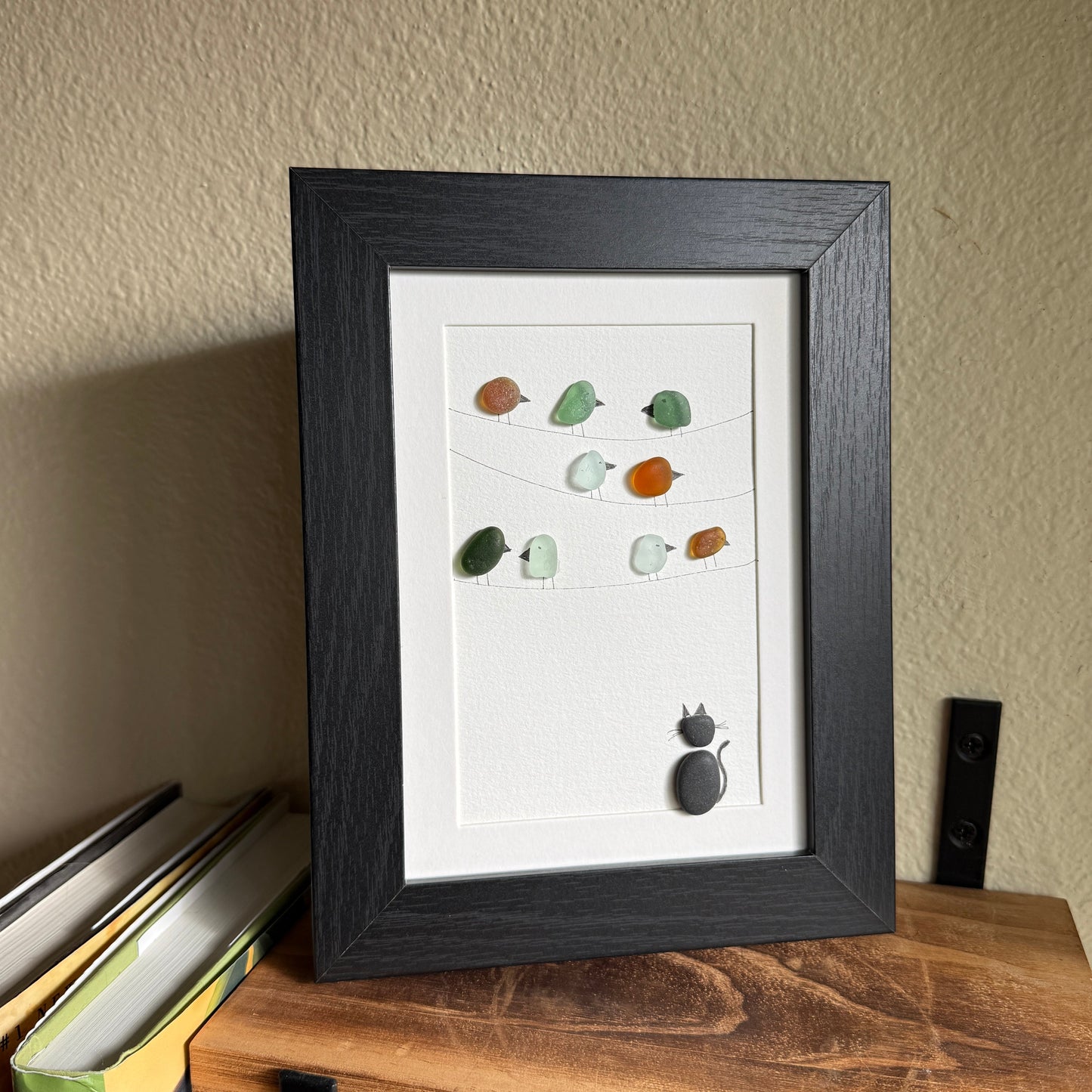Cat & Bird Sea Glass Art Framed 5x7 Wall Decor | Gift for Cat or Bird Lover