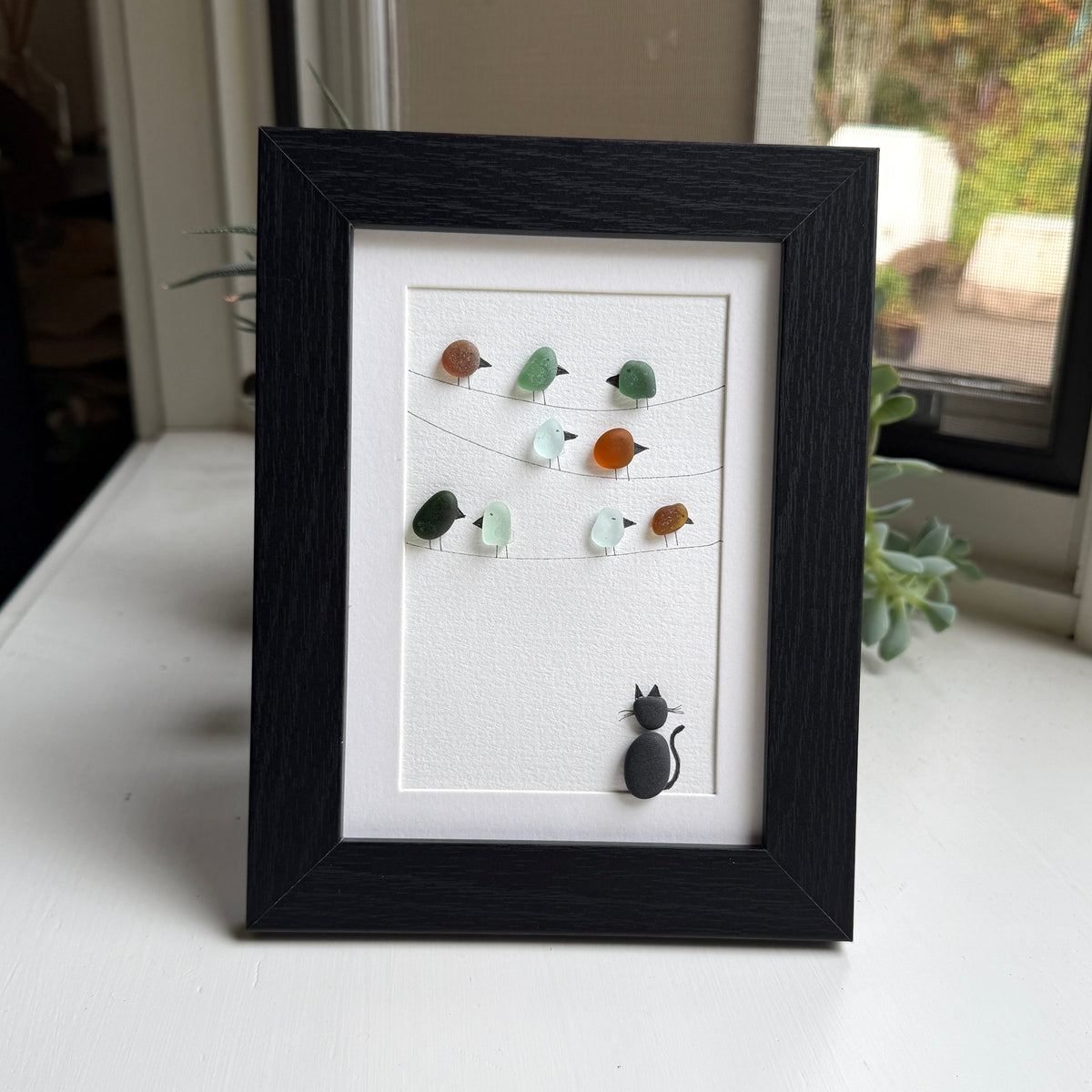 Cat & Bird Sea Glass Art Framed 5x7 Wall Decor | Gift for Cat or Bird Lover