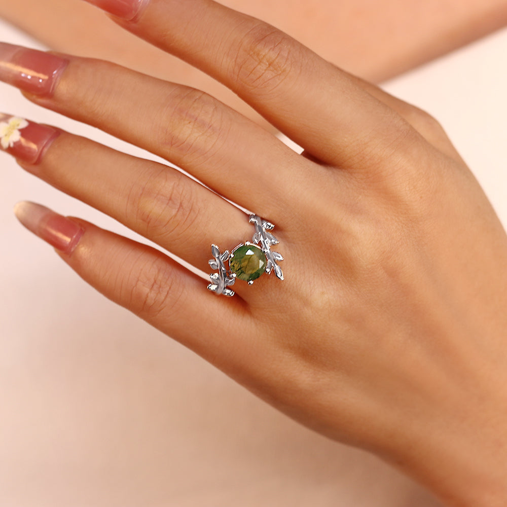8mm Round Cut Moss Agate Leaf Vine Sterling Silver Nature-Inspired Engagement Ring