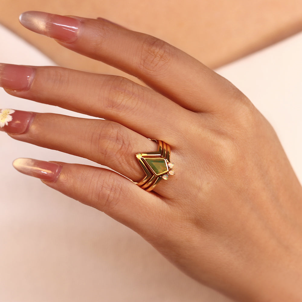 6x9mm Kite Cut Moss Agate with Opal Accents Geometric Triangle Stackable Bridal Ring