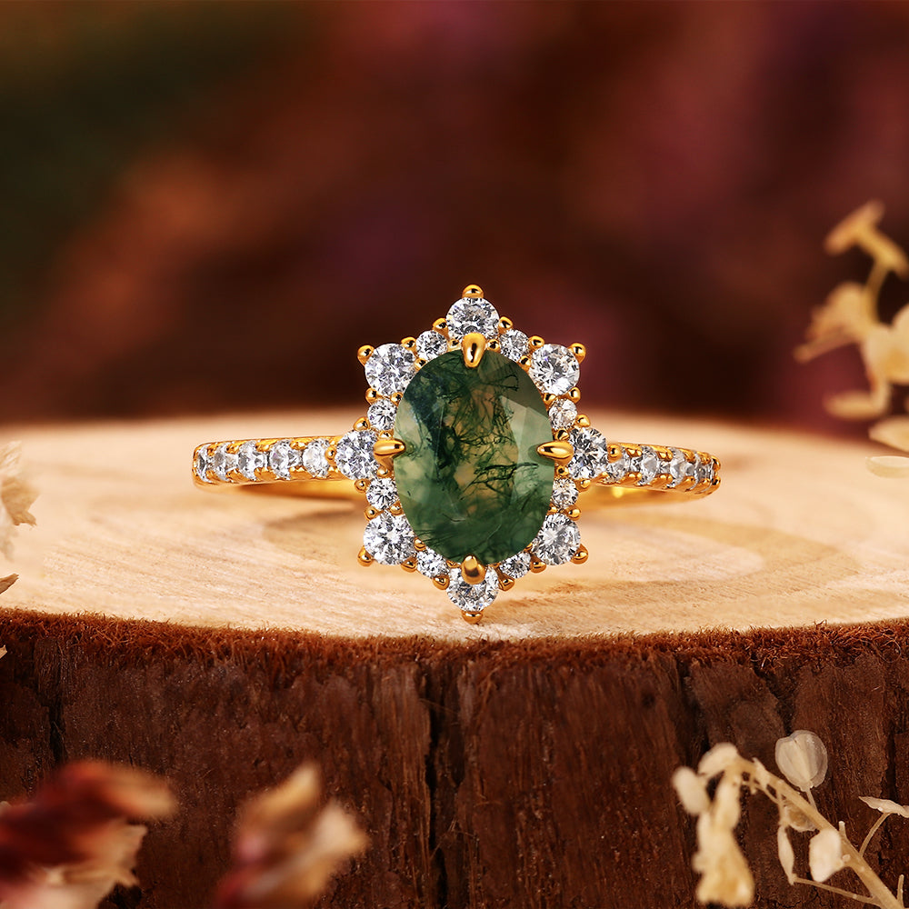 Vintage 6x8mm Oval Moss Agate Starburst Halo Engagement Ring, Nature Inspired Green Agate Jewelry