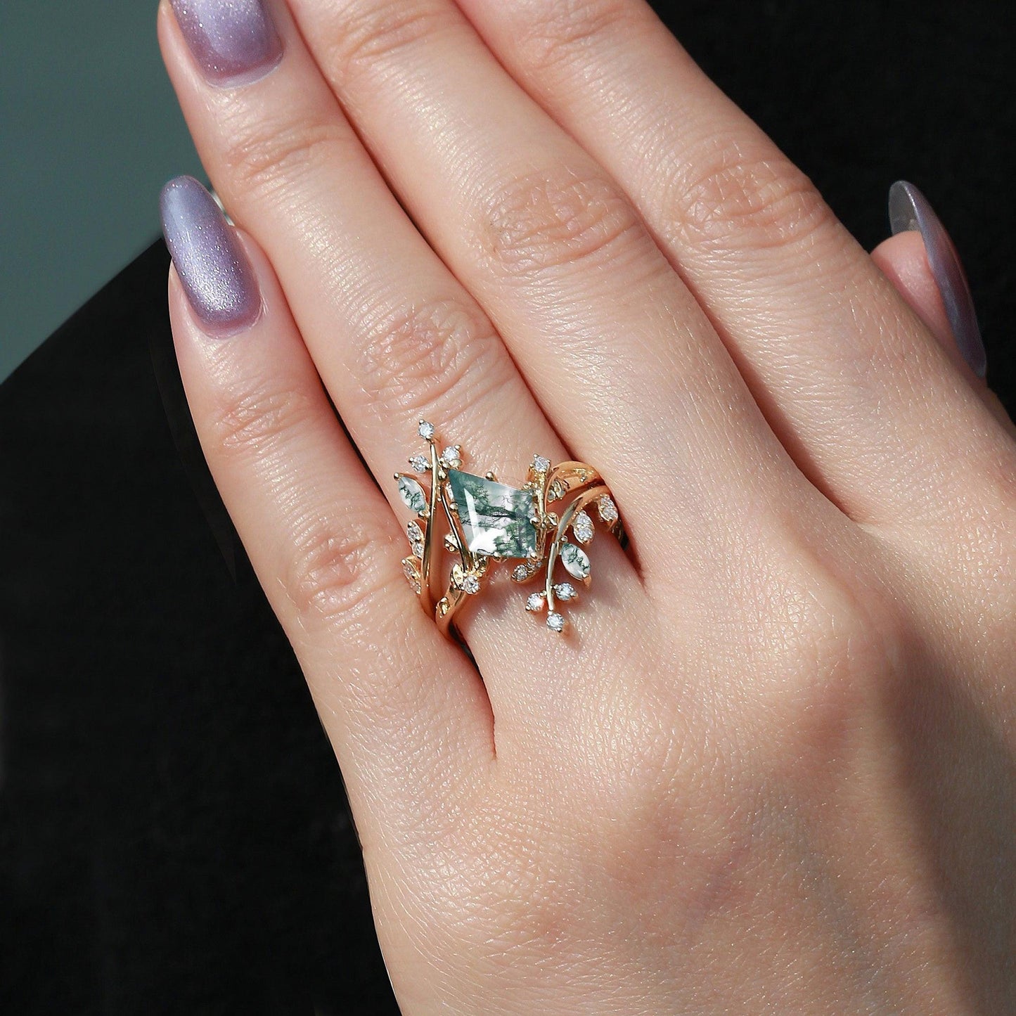 Elara’s Bower | Kite Cut Moss Agate Cage Leafy Bridal Set 2pcs