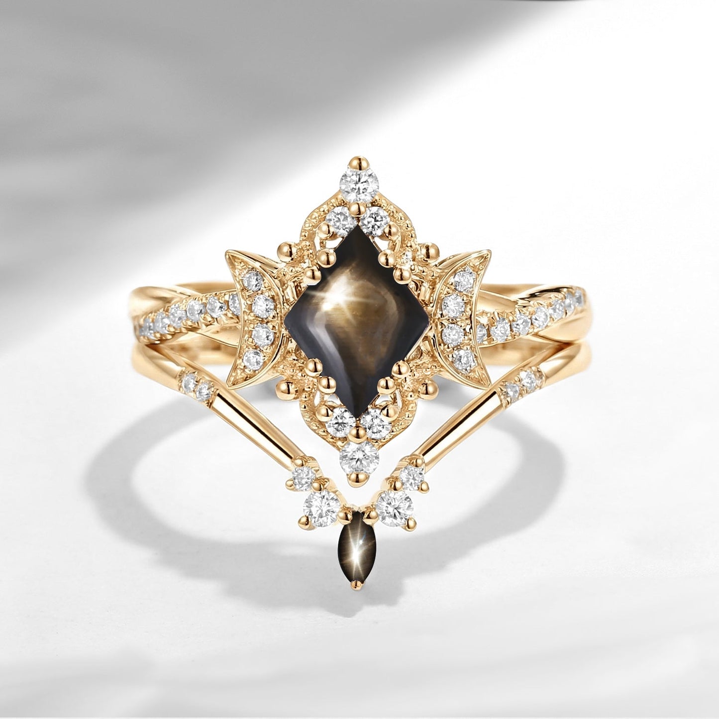 Crescent Moon | Kite Cut Natural Black Star Sapphire Infinity Twisted Engagement Ring Set 2pcs