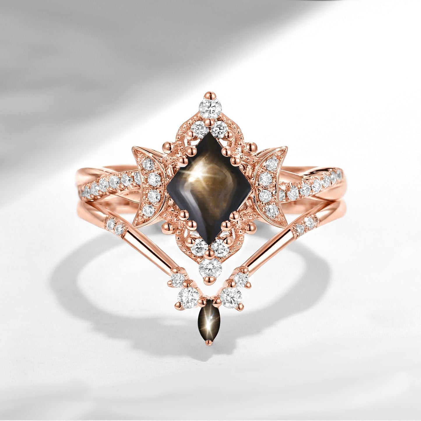 Crescent Moon | Kite Cut Natural Black Star Sapphire Infinity Twisted Engagement Ring Set 2pcs