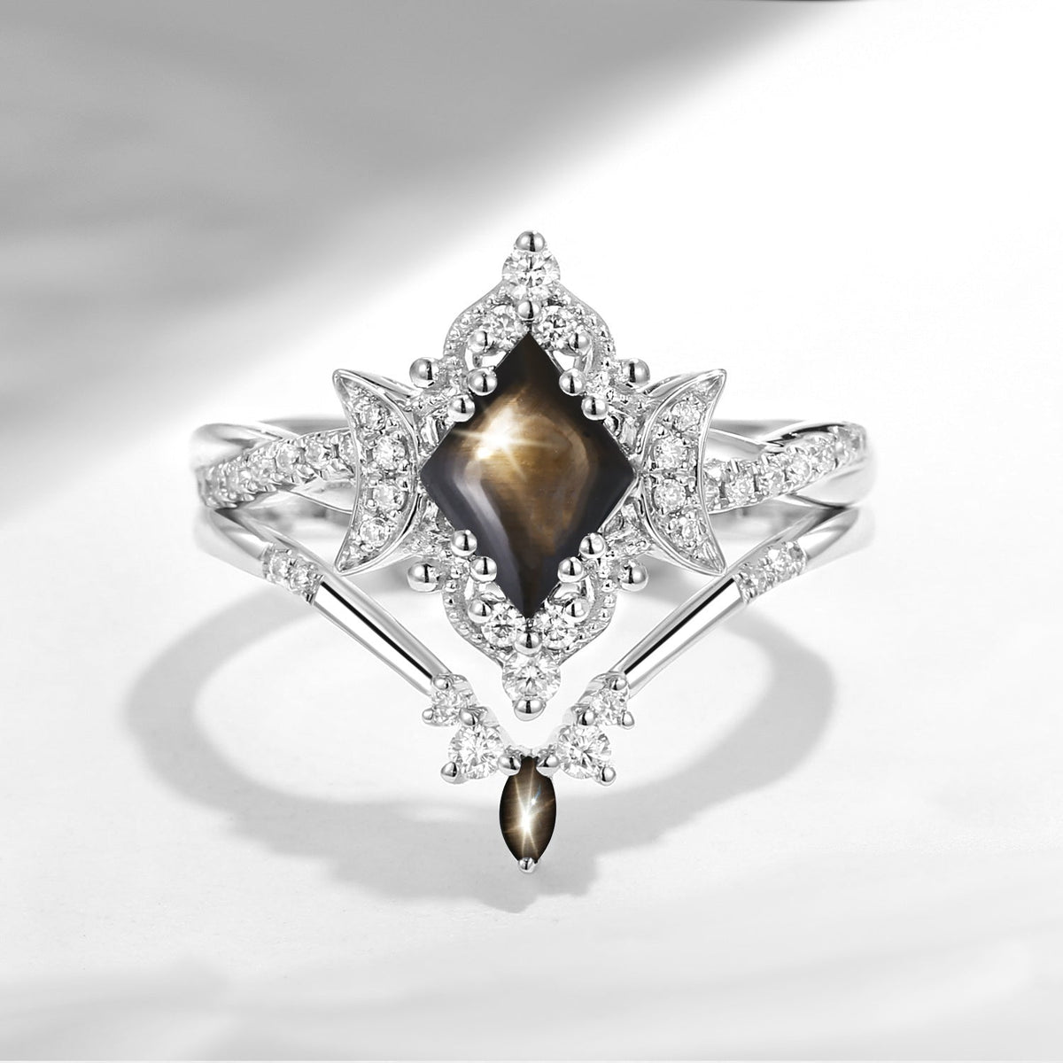 Crescent Moon | Kite Cut Natural Black Star Sapphire Infinity Twisted Engagement Ring Set 2pcs