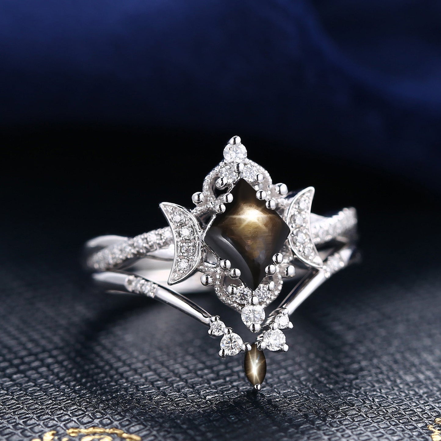 Crescent Moon | Kite Cut Natural Black Star Sapphire Infinity Twisted Engagement Ring Set 2pcs