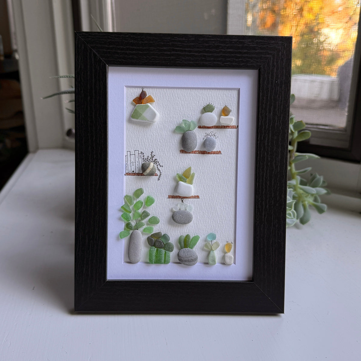 Plant Collection Sea Glass Art| Framed 5x7 Wall Decor | Handmade Beach Gift for the Plant Lover