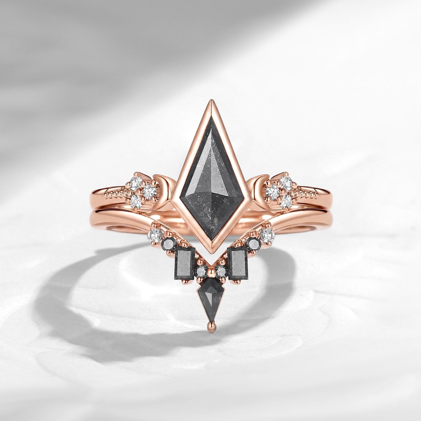 'Pure Moon' - Art-Deco Bezel Kite Cut Salt & Pepper Diamond Crescent Moon Engagement Ring Set
