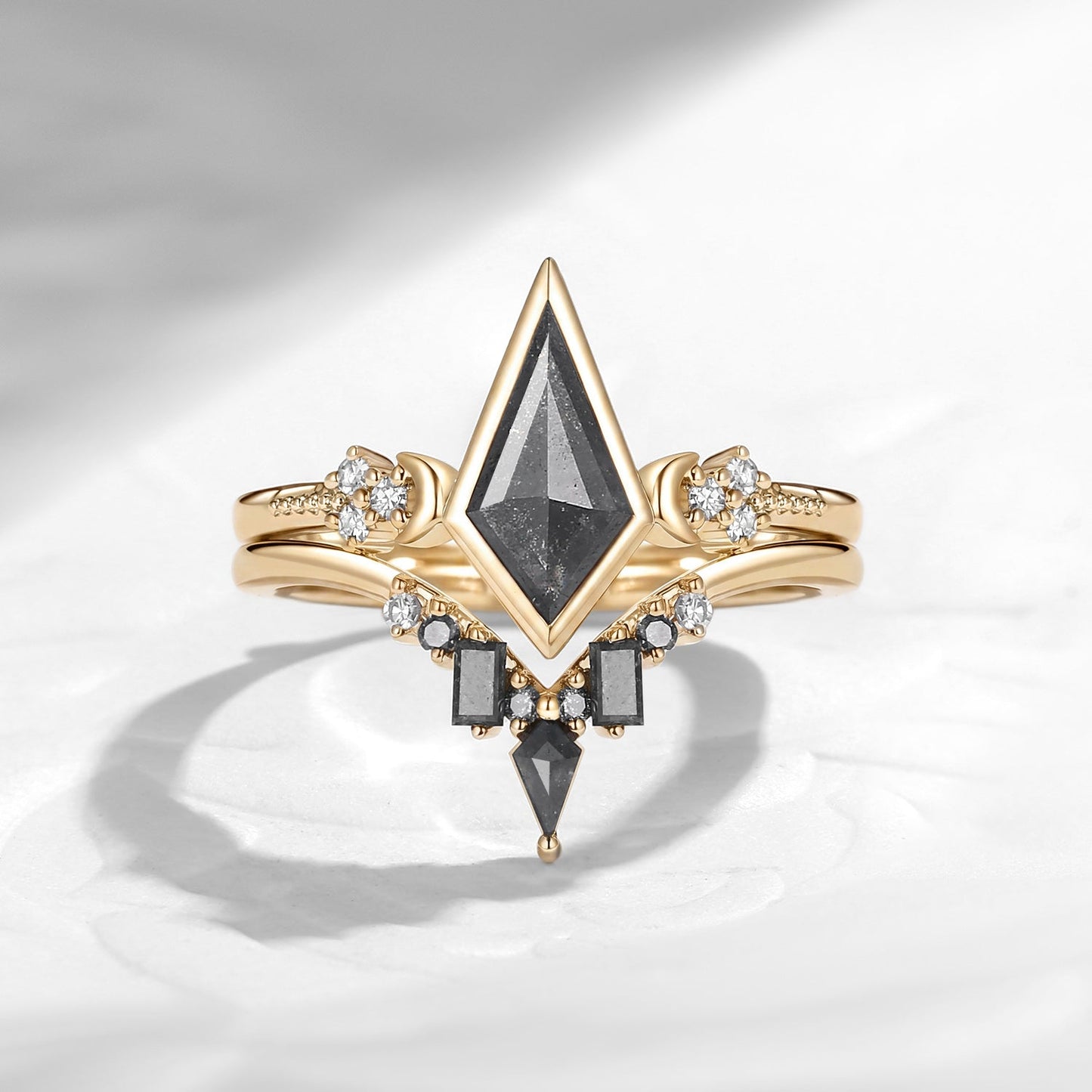 'Pure Moon' - Art-Deco Bezel Kite Cut Salt & Pepper Diamond Crescent Moon Engagement Ring Set